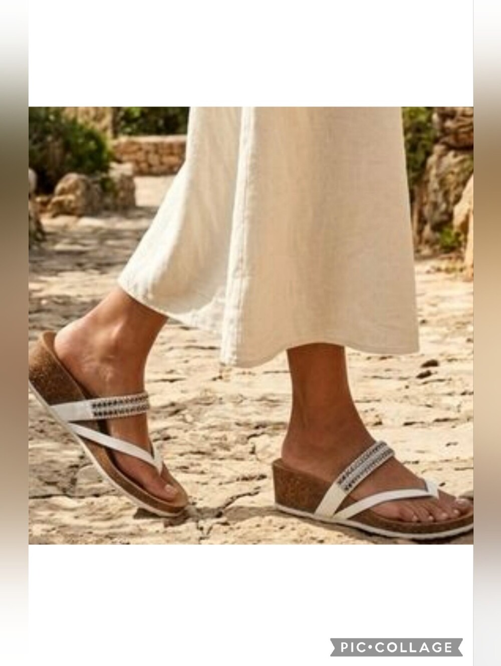Mila Paoli White Rhinestone Cork Leather Sandals Boho Chic Mature Comfy Womens 6